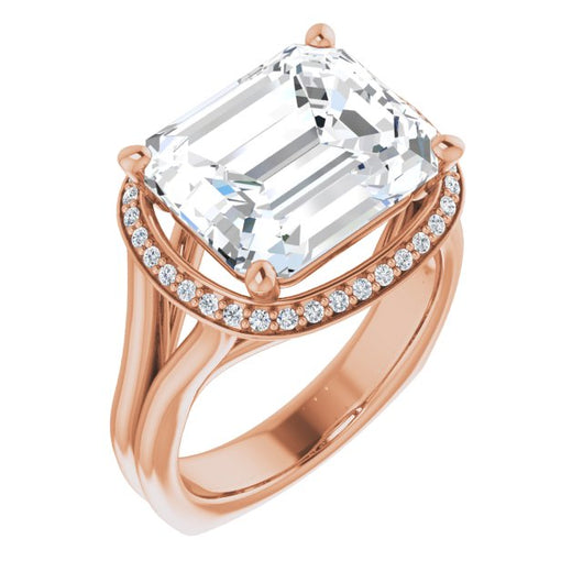 10K Rose Gold Customizable Emerald/Radiant Cut Style with Halo, Wide Split Band and Euro Shank