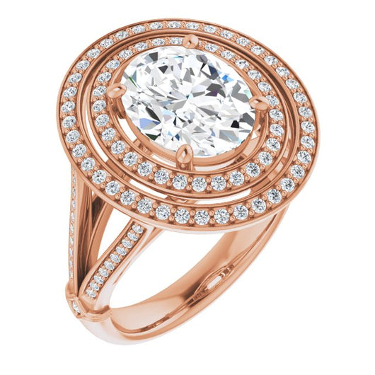 10K Rose Gold Customizable Cathedral-set Oval Cut Design with Double Halo, Wide Split-Shared Prong Band and Side Knuckle Accents