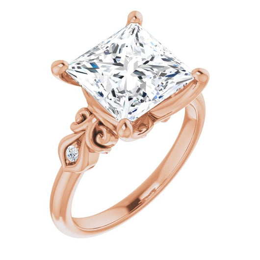 10K Rose Gold Customizable 3-stone Princess/Square Cut Design with Small Round Accents and Filigree