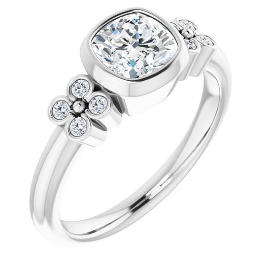 10K White Gold Customizable 9-stone Bezel-set Cushion Cut Design with Quad Round Bezel Side Stones Each Side