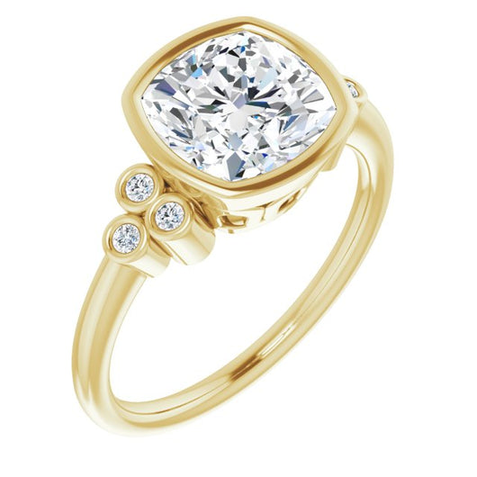 10K Yellow Gold Customizable 7-stone Cushion Cut Style with Triple Round-Bezel Accent Cluster Each Side