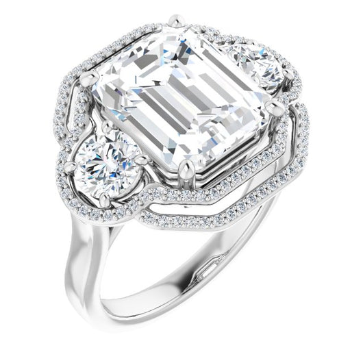 10K White Gold Customizable Cathedral-set Enhanced 3-stone Emerald/Radiant Cut Design with Multidirectional Halo