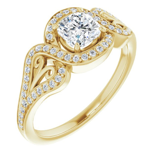 10K Yellow Gold Customizable Cushion Cut Design with Bypass Halo and Split-Shared Prong Band