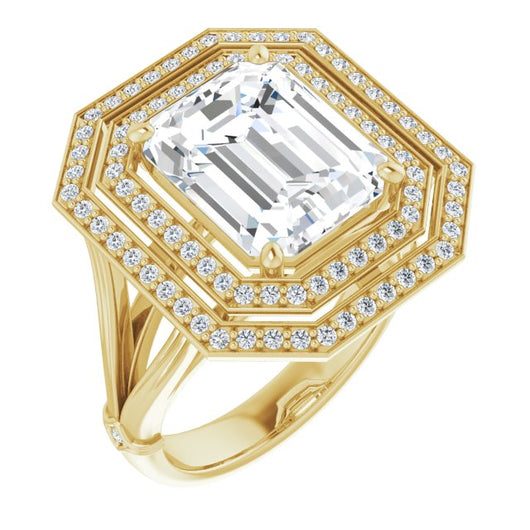 10K Yellow Gold Customizable Cathedral-set Emerald/Radiant Cut Design with Double Halo, Wide Split Band and Side Knuckle Accents