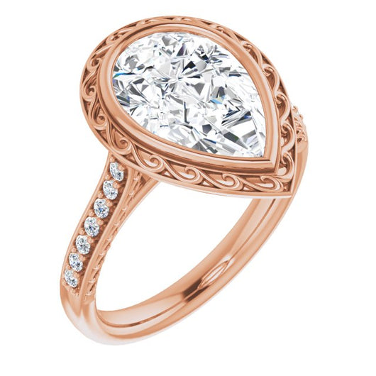 10K Rose Gold Customizable Cathedral-Bezel Pear Cut Design featuring Accented Band with Filigree Inlay