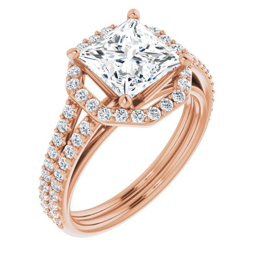 10K Rose Gold Customizable Cathedral Princess/Square Cut Design with Geometric Halo & Split Pavé Band