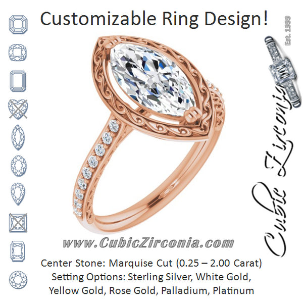 Cubic Zirconia Engagement Ring- The Montserrat  (Customizable Marquise Cut Halo Design with Filigree and Accented Band)