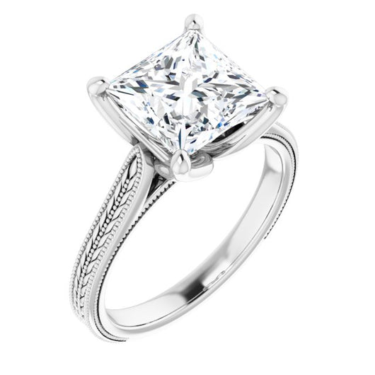 10K White Gold Customizable Princess/Square Cut Solitaire with Wheat-inspired Band 