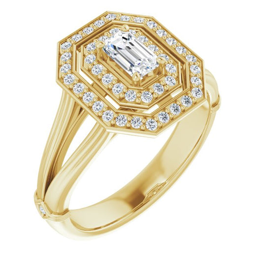 10K Yellow Gold Customizable Cathedral-set Emerald/Radiant Cut Design with Double Halo, Wide Split Band and Side Knuckle Accents