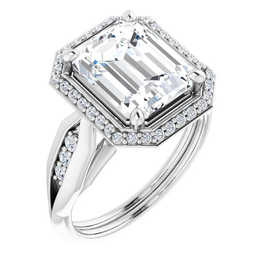 10K White Gold Customizable Cathedral-raised Emerald/Radiant Cut Design with Halo and Tri-Cluster Band Accents