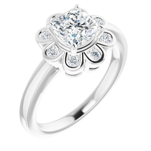 10K White Gold Customizable 9-stone Cushion Cut Design with Round Bezel Side Stones