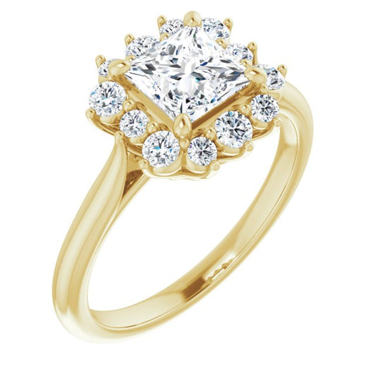 10K Yellow Gold Customizable Crown-Cathedral Princess/Square Cut Design with Clustered Large-Accent Halo & Ultra-thin Band