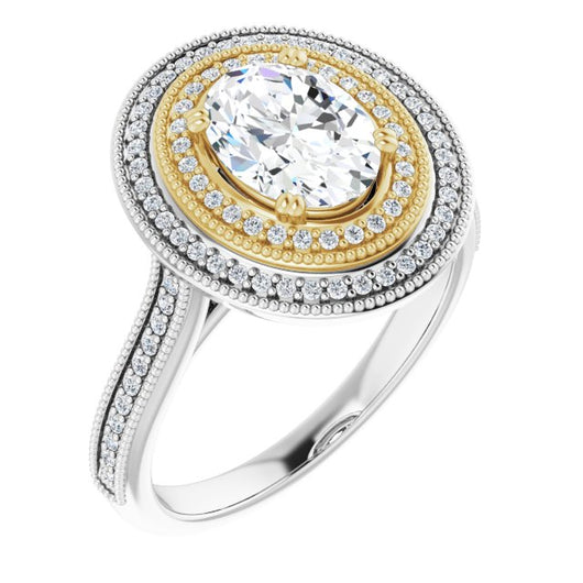 14K White & Yellow Gold Customizable Oval Cut Design with Elegant Double Halo, Houndstooth Milgrain and Band-Channel Accents