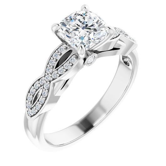 10K White Gold Customizable Cushion Cut Design featuring Infinity Pavé Band and Round-Bezel Peekaboos