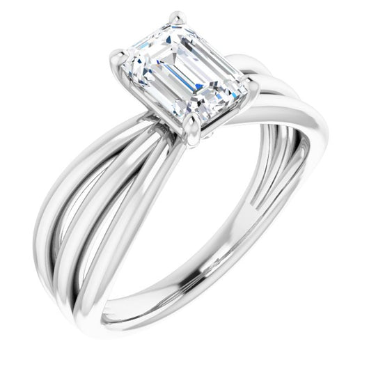 10K White Gold Customizable Emerald/Radiant Cut Solitaire Design with Wide, Ribboned Split-band