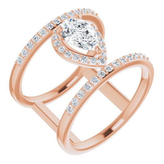 10K Rose Gold Customizable Pear Cut Halo Design with Open, Ultrawide Harness Double Pavé Band