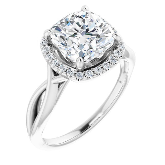 10K White Gold Customizable Cathedral-Halo Cushion Cut Design with Twisting Split Band