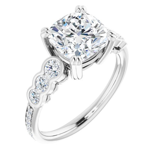 10K White Gold Customizable Cushion Cut 7-stone Style Enhanced with Bezel Accents and Shared Prong Band