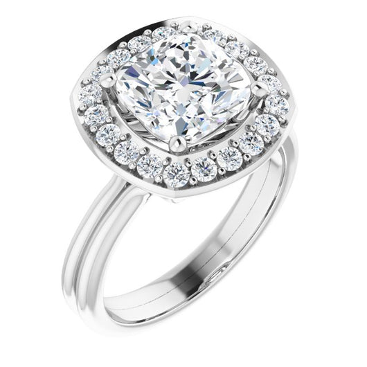 10K White Gold Customizable Cluster-Halo Accented Cushion Cut Style with Tapered Dual Band