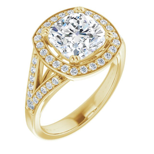 10K Yellow Gold Customizable Cathedral-set Cushion Cut Style with Accented Split Band and Halo