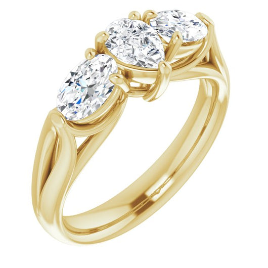 10K Yellow Gold Customizable Cathedral-set 3-stone Pear Cut Style with Dual Oval Cut Accents & Wide Split Band