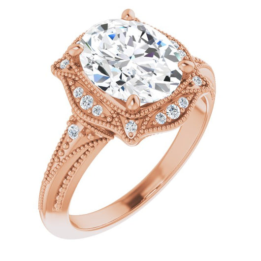 10K Rose Gold Customizable Vintage Oval Cut Design with Beaded Milgrain and Starburst Semi-Halo