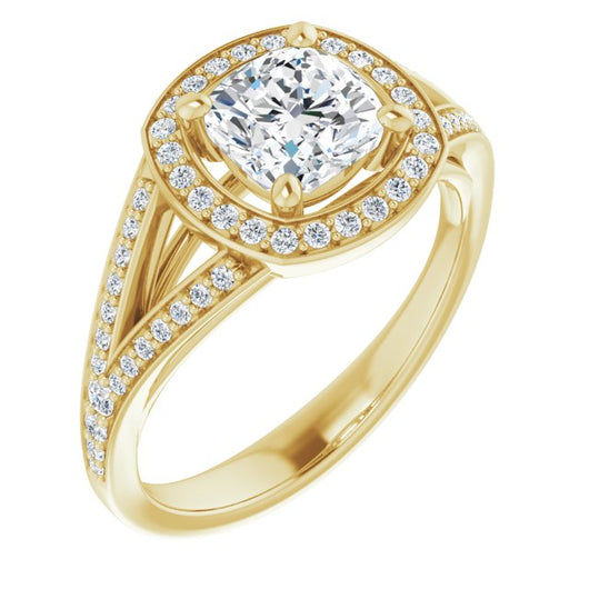 10K Yellow Gold Customizable Cathedral-Halo Cushion Cut Style featuring Split-Shared Prong Band