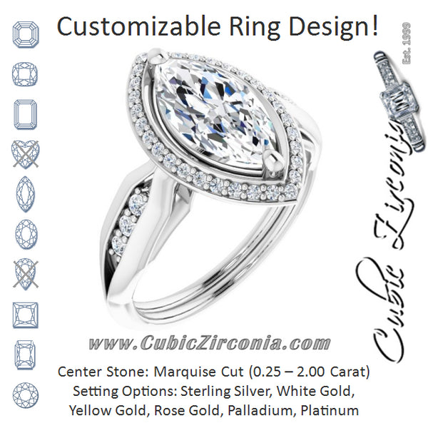 Cubic Zirconia Engagement Ring- The Ina Vaani (Customizable Cathedral-raised Marquise Cut Design with Halo and Tri-Cluster Band Accents)