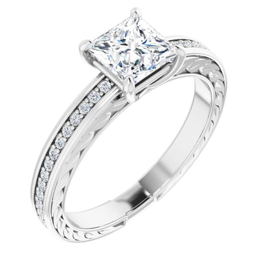 10K White Gold Customizable Princess/Square Cut Design with Rope-Filigree Hammered Inlay & Round Channel Accents