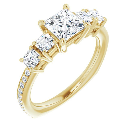 10K Yellow Gold Customizable Princess/Square Cut 5-stone Style with Quad Princess/Square Accents plus Shared Prong Band