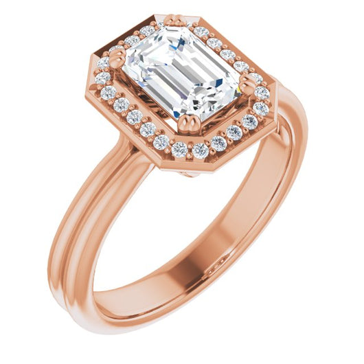 10K Rose Gold Customizable Emerald/Radiant Cut Style with Scooped Halo and Grooved Band