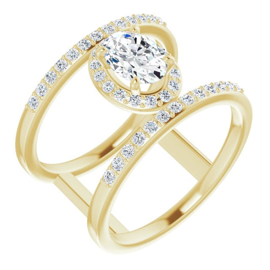 10K Yellow Gold Customizable Oval Cut Halo Design with Open, Ultrawide Harness Double Pavé Band