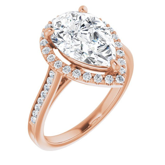 10K Rose Gold Customizable Pear Cut Design with Halo, Round Channel Band and Floating Peekaboo Accents