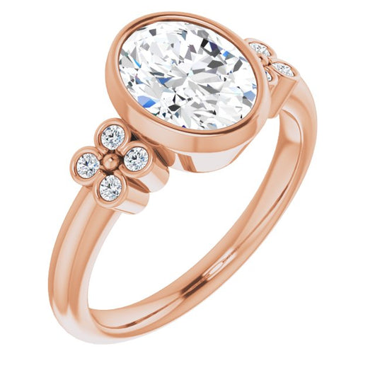 10K Rose Gold Customizable 9-stone Bezel-set Oval Cut Design with Quad Round Bezel Side Stones Each Side