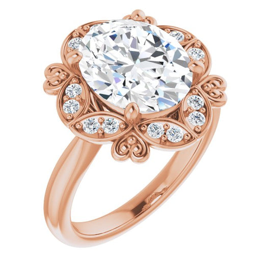 10K Rose Gold Customizable Oval Cut Design with Floral Segmented Halo & Sculptural Basket