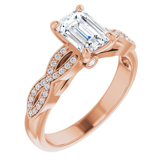 10K Rose Gold Customizable Emerald/Radiant Cut Design featuring Infinity Pavé Band and Round-Bezel Peekaboos