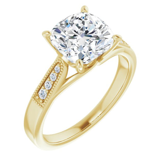 10K Yellow Gold Customizable 9-stone Vintage Design with Cushion Cut Center and Round Band Accents