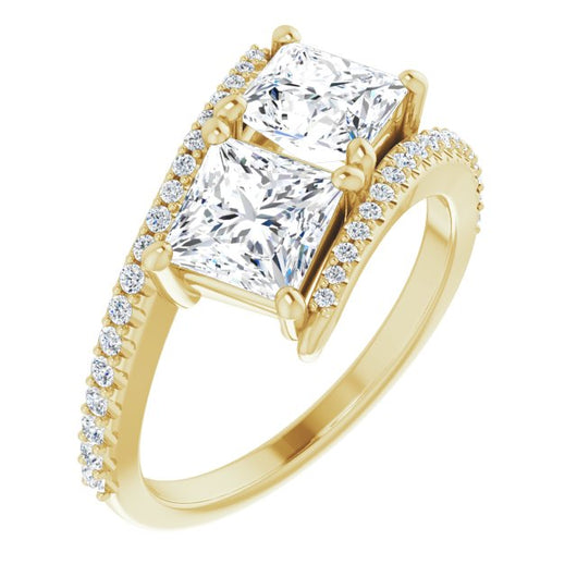 10K Yellow Gold Customizable Double Princess/Square Cut 2-stone Design with Ultra-thin Bypass Band and Pavé Enhancement