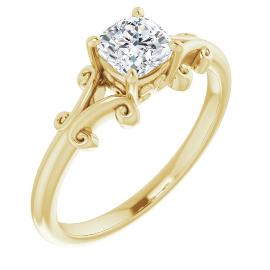 10K Yellow Gold Customizable Cushion Cut Solitaire with Band Flourish and Decorative Trellis