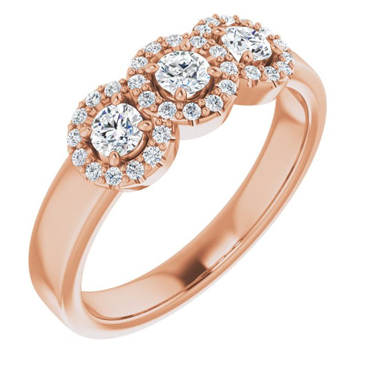 10K Rose Gold Customizable Round Cut Triple Halo 3-stone Design