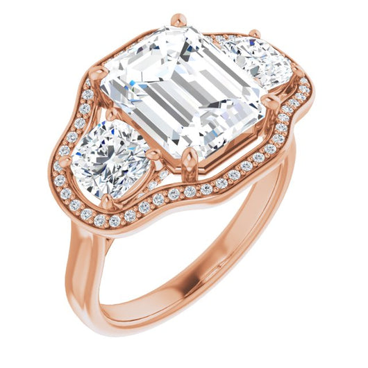 10K Rose Gold Customizable 3-stone Design with Emerald/Radiant Cut Center, Cushion Side Stones, Triple Halo and Bridge Under-halo