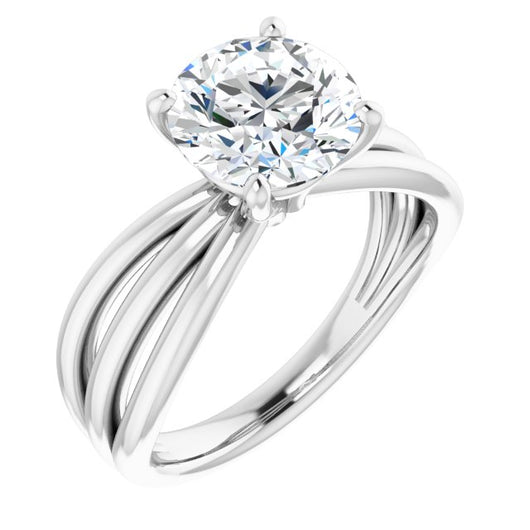 14K White Gold Customizable Round Cut Solitaire Design with Wide, Ribboned Split-band