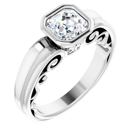 10K White Gold Customizable Bezel-set Asscher Cut Solitaire with Wide 3-sided Band