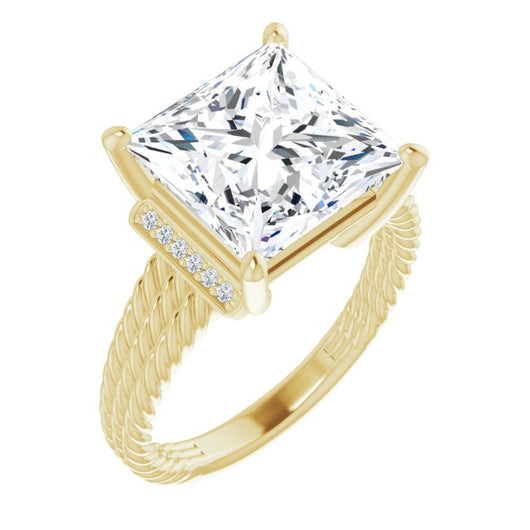 10K Yellow Gold Customizable 11-stone Design featuring Princess/Square Cut Center, Vertical Round-Channel Accents & Wide Triple-Rope Band