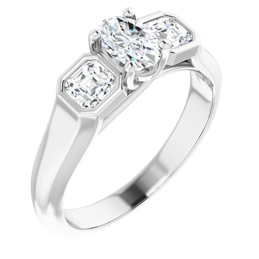 10K White Gold Customizable 3-stone Cathedral Oval Cut Design with Twin Asscher Cut Side Stones