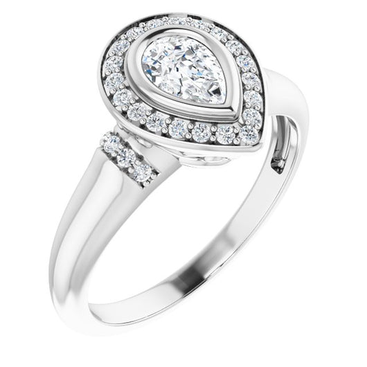 10K White Gold Customizable Bezel-set Pear Cut Design with Halo and Vertical Round Channel Accents