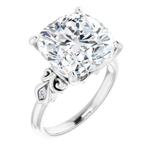 10K White Gold Customizable 3-stone Cushion Cut Design with Small Round Accents and Filigree