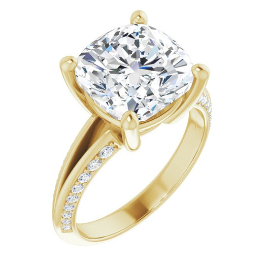 10K Yellow Gold Customizable Cushion Cut Center with 4-sided-Accents Knife-Edged Split-Band