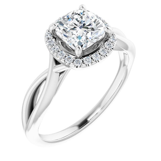 10K White Gold Customizable Cathedral-Halo Cushion Cut Design with Twisting Split Band