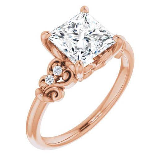 10K Rose Gold Customizable Vintage 5-stone Design with Princess/Square Cut Center and Artistic Band Décor